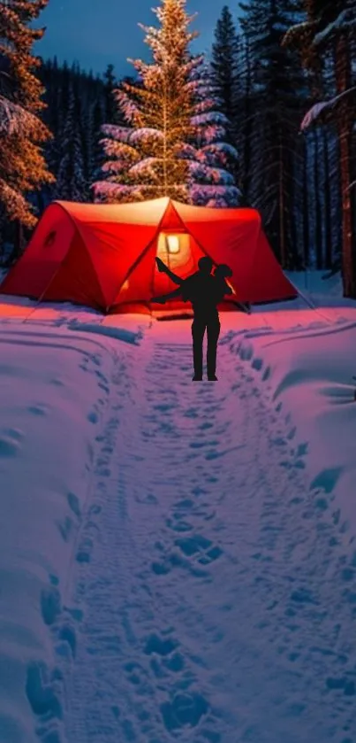 Scenic snowy landscape with glowing tent and snowy path under forest night sky.