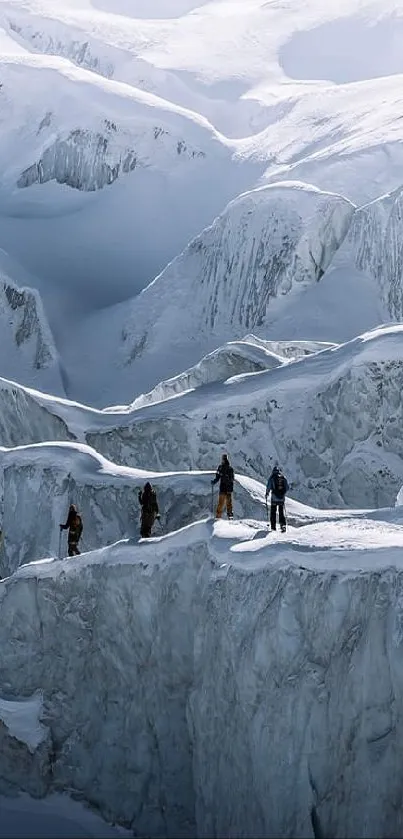 Adventurers crossing icy crevices in stunning snowy mountains.