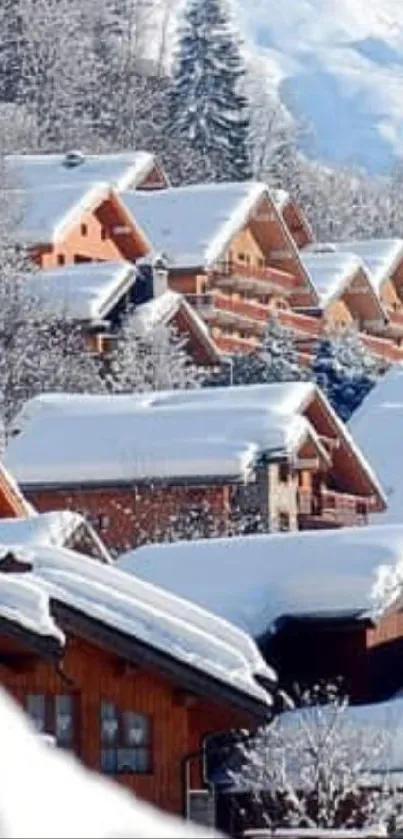 Scenic view of snowy alpine village with chalets.