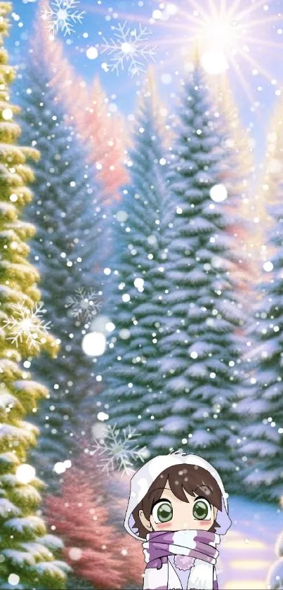 Anime character in snowy forest with sunlit pine trees and falling snowflakes.