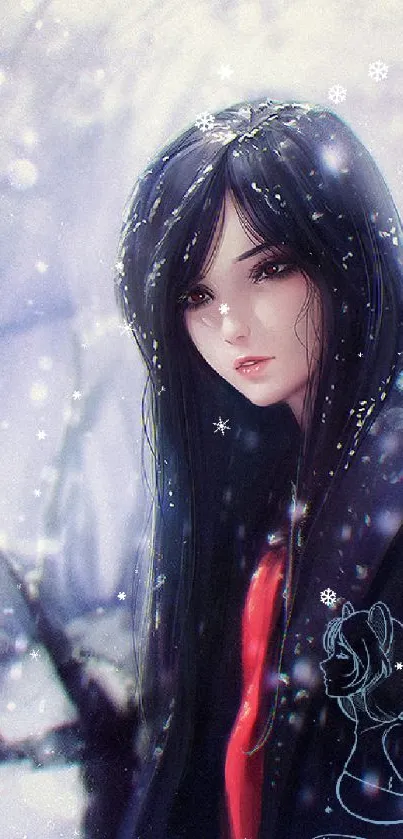 Anime girl in snowy winter landscape, serene and mystical.