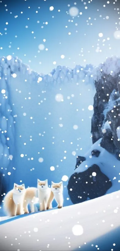 Three Arctic foxes in snowy icy landscape under blue sky.