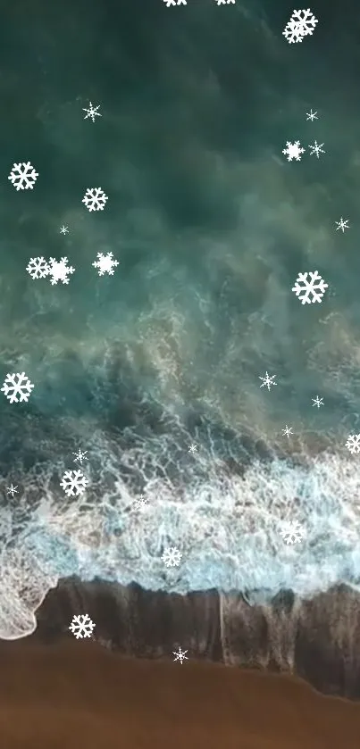 Snowflakes falling on ocean waves by the beach.