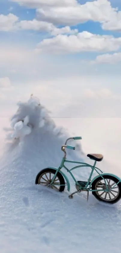 A vintage bicycle on snowy terrain beneath a clouded blue sky.