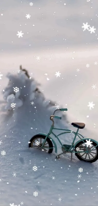 Vintage bicycle in snow with falling snowflakes, serene winter mobile wallpaper.