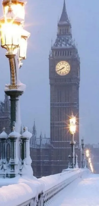 Snowy Big Ben under a clear winter evening sky.