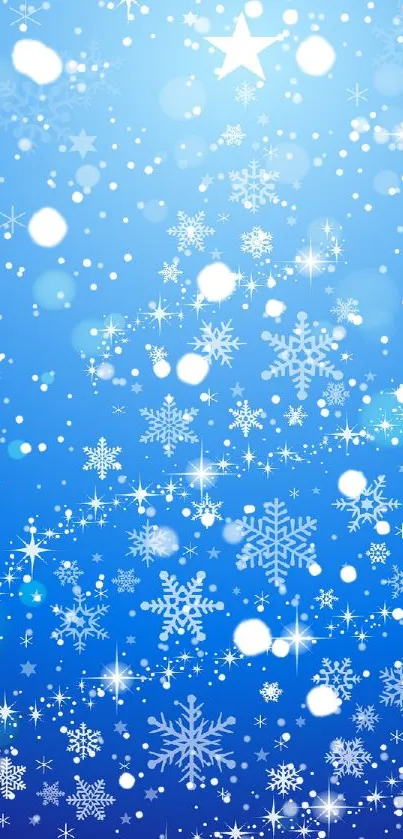 Blue wallpaper with snowflakes and stars for a winter theme.