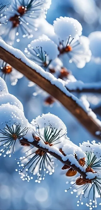 Close-up of a snowy branch with blurred winter background.