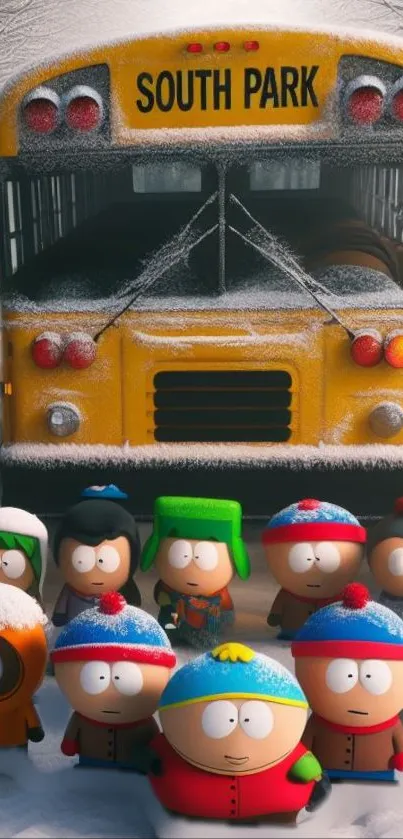 A snowy scene with cartoon characters and a yellow school bus.