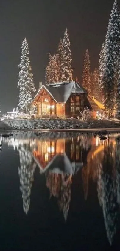 Snowy cabin by a tranquil lake under a starry night sky.