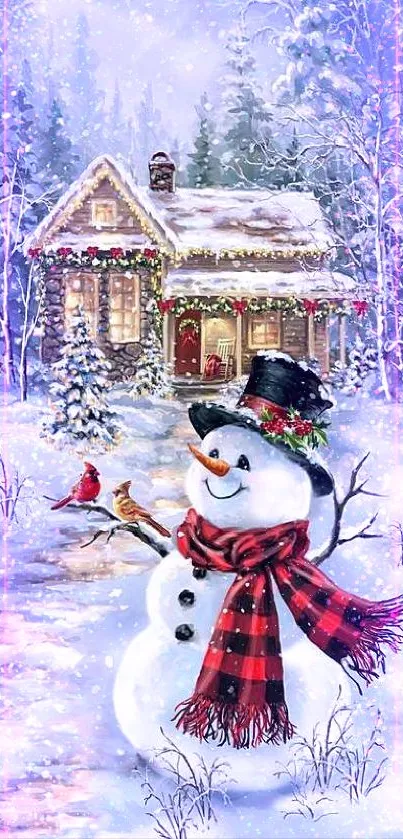 Snowman with red scarf near snowy cabin in a winter forest.