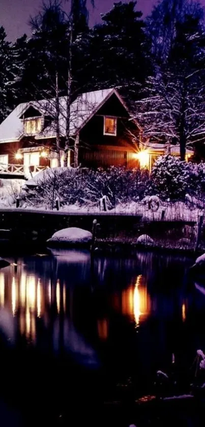 Snowy cabin by a pond at night with reflections.