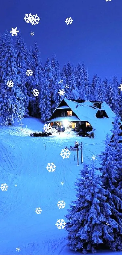 Snow-covered cabin in a blue winter forest night.