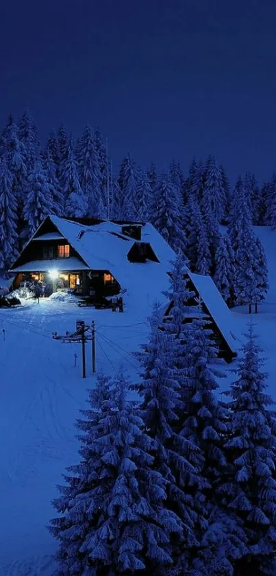 Snowy night scene with a cabin and forest.