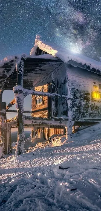 Snow-covered cabin under a starry night sky.