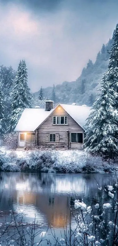 Snowy cabin by a reflective lake with surrounding forest under a wintry sky.