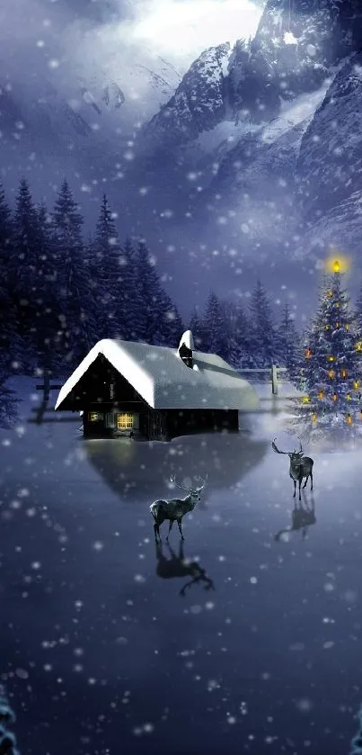 Snowy cabin with festive pine tree and reindeer under a wintry night sky.