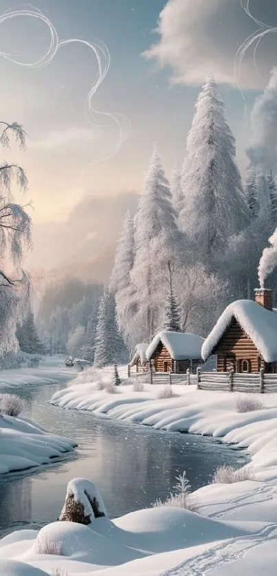 Peaceful snowy cabin by a frozen river under frosted trees in a winter scene.