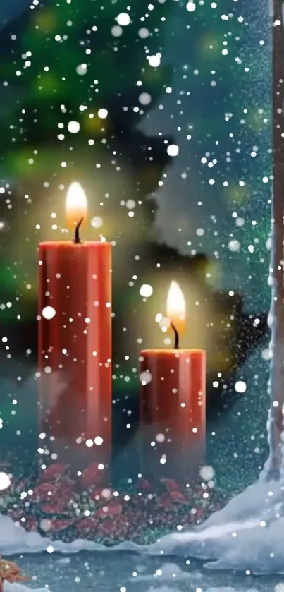 Red candles glowing in snowy Christmas scene by window.