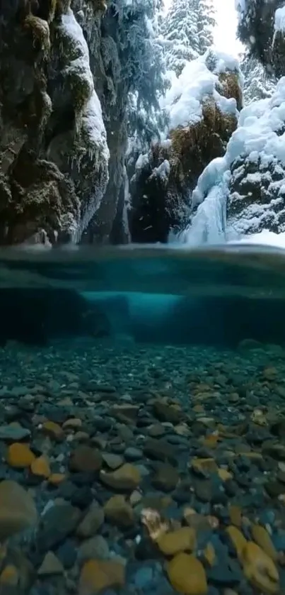 Serene snowy canyon with clear stream and blue water.