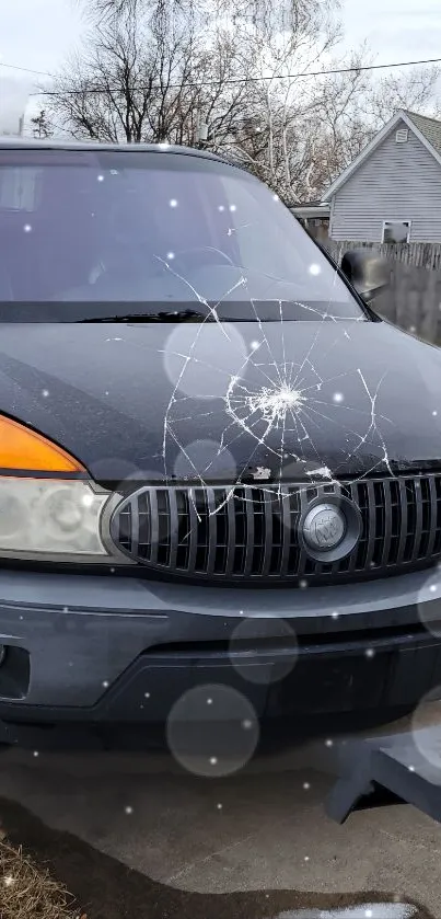 Parked car with snowflakes falling on a suburban street in winter.