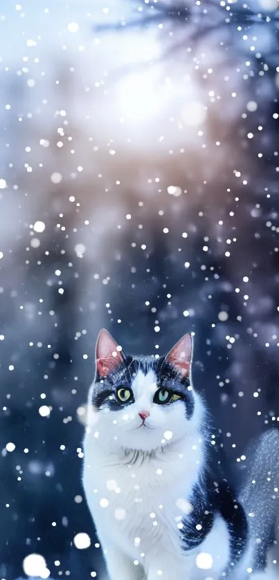 A black and white cat surrounded by falling snowflakes in a winter scene.