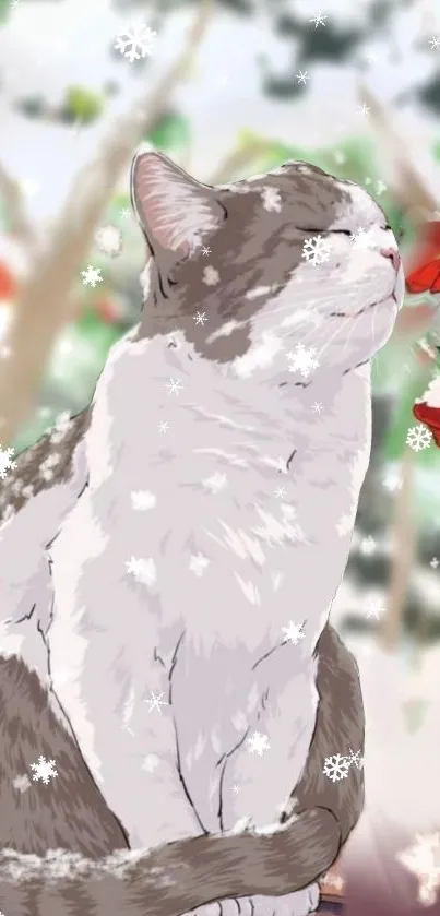 Cute cat in a snowy winter scenery with falling snowflakes.