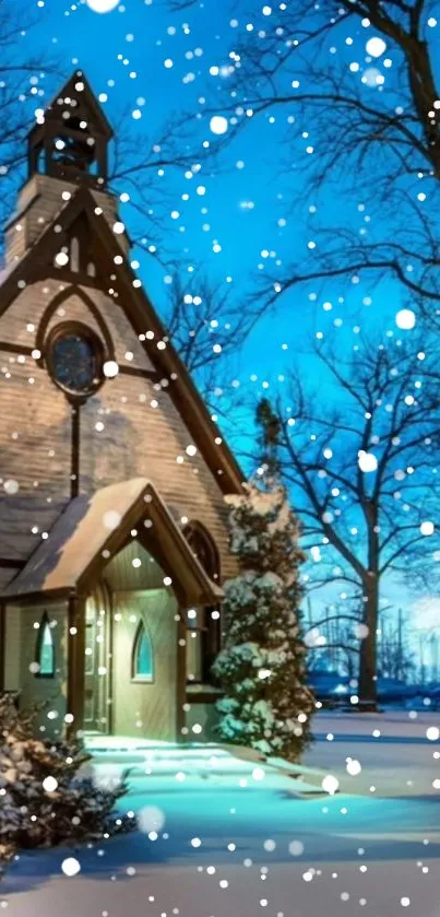 Snowy chapel with falling snowflakes in a winter night scene.