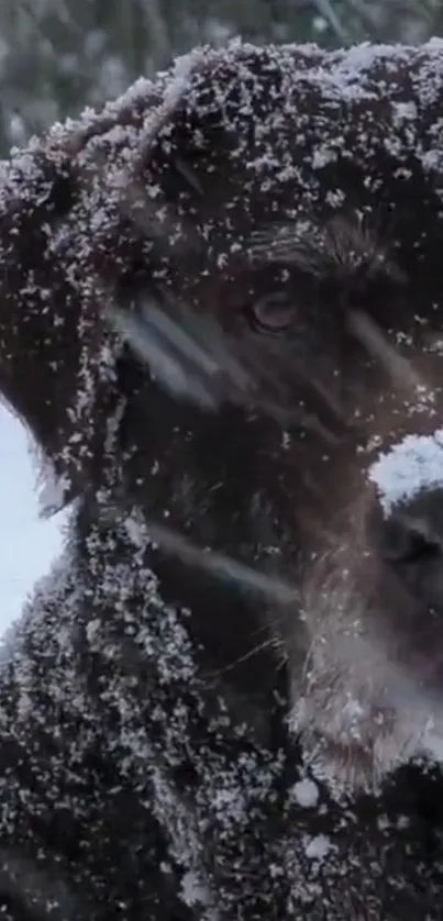 Chocolate Labrador dog with snow on fur in a wintery scene.