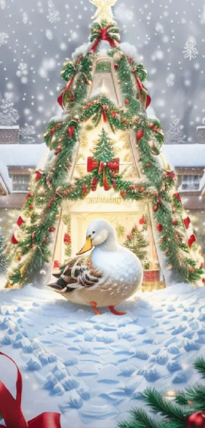 Duck in snowy Christmas village with tree and lights.