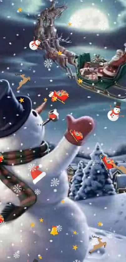 Snowy scene with a snowman waving to Santa's flying sleigh.