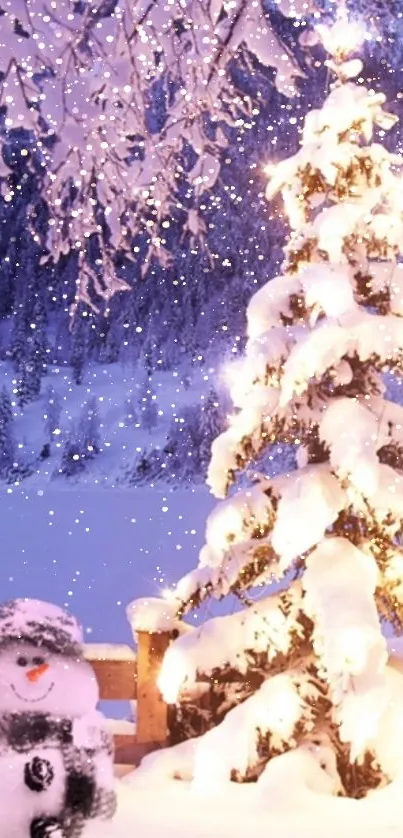 Snowy Christmas tree and snowman at night.