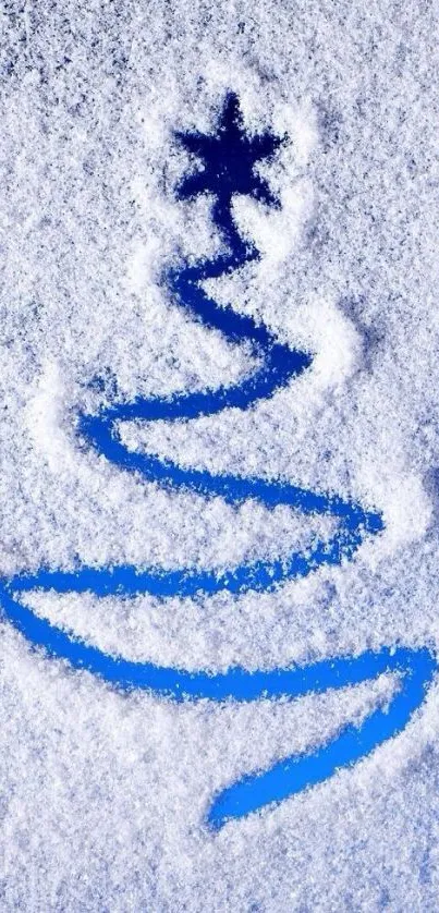 Snowy Christmas tree design on blue background.