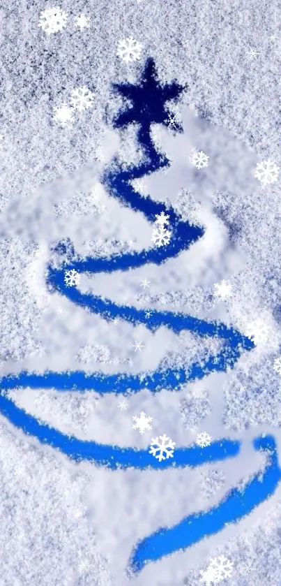 Snowy Christmas tree with blue accents and snowflakes on mobile wallpaper.