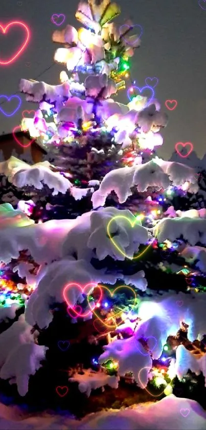 Snow-covered Christmas tree with colorful lights.