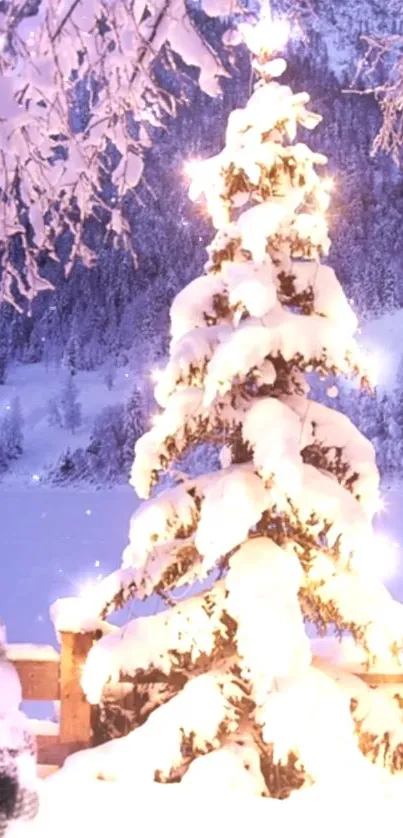 Snowy Christmas tree and snowman in a serene winter landscape.