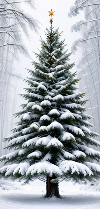 Snow-covered Christmas tree in a peaceful winter forest.