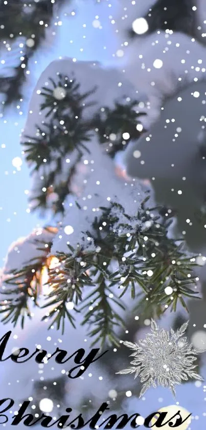 Snowy Christmas tree wallpaper with falling snowflakes.