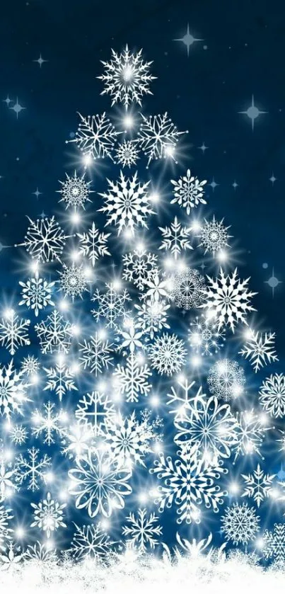 Snowflake Christmas tree on blue background.