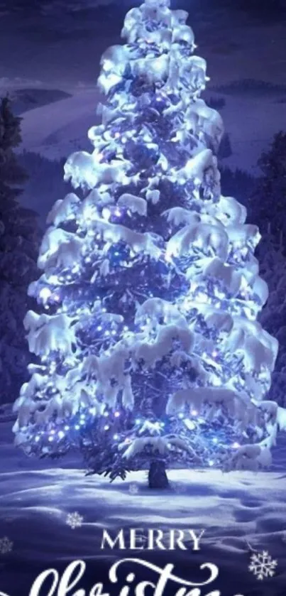 A snowy Christmas tree in a dark blue winter landscape.