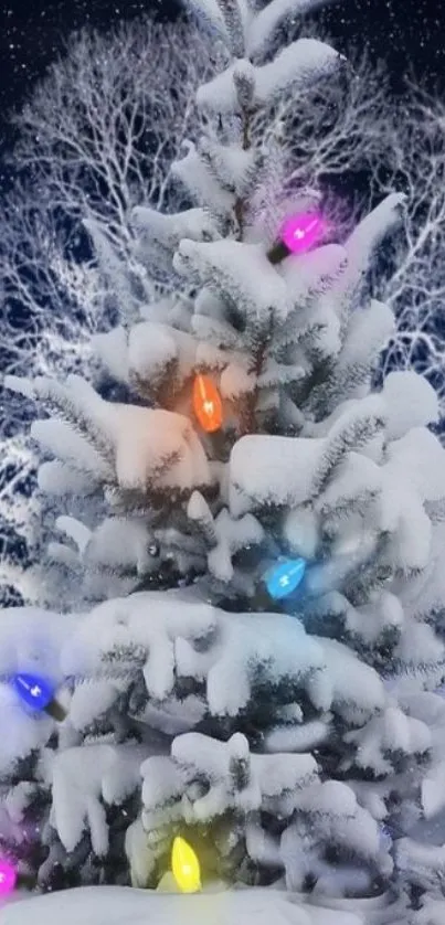 Festive Christmas tree with snow and colorful lights under a starry sky.