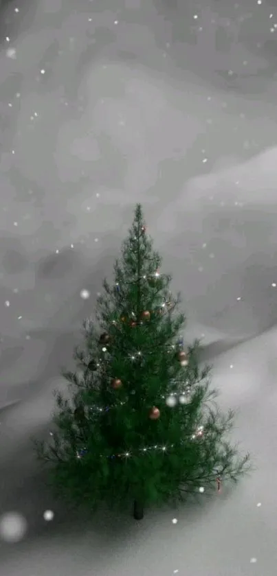 Serene snowy landscape with decorated Christmas tree.