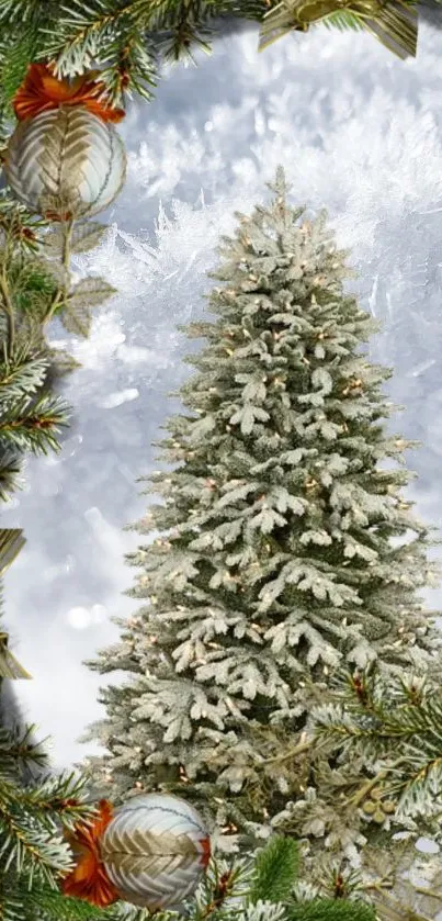 Snow-covered Christmas tree with ornaments in a wintry scene.