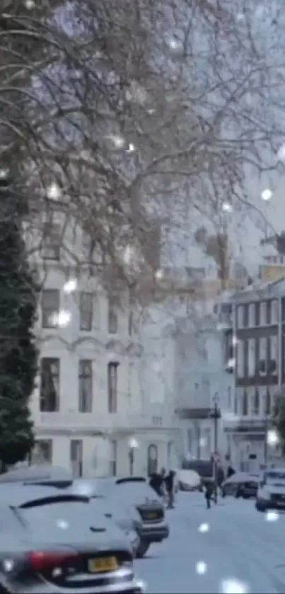 Snowy urban street with Christmas tree and falling snowflakes.