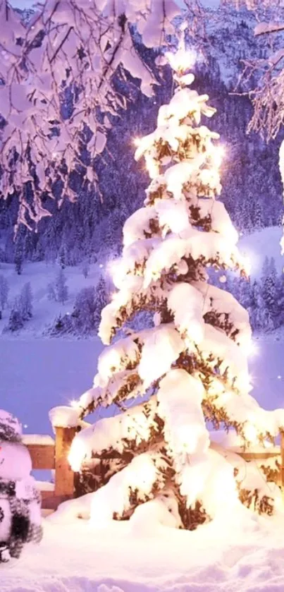 Snowy landscape with festive lit Christmas tree and snowman.