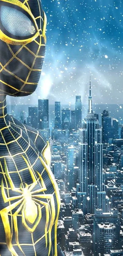 Superhero in black and yellow suit with snowy city background.