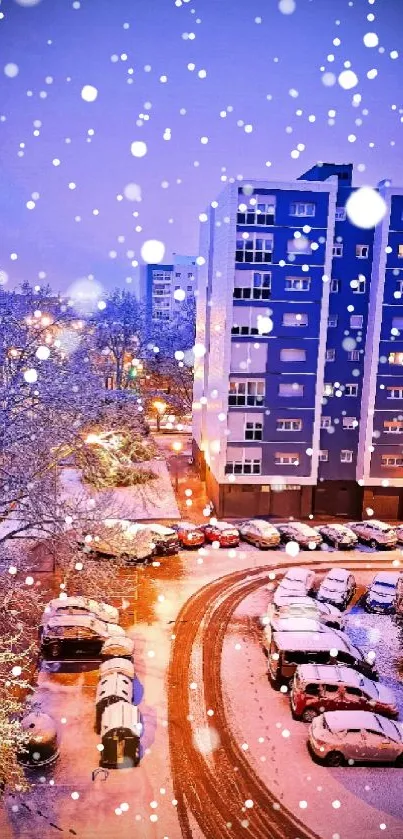 Snow-covered cityscape with parked cars at night.