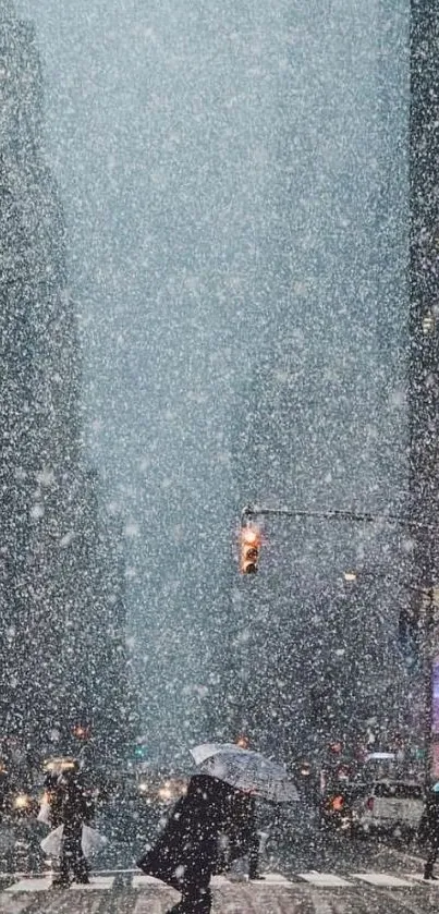 Snowy city street with a pedestrian crossing.