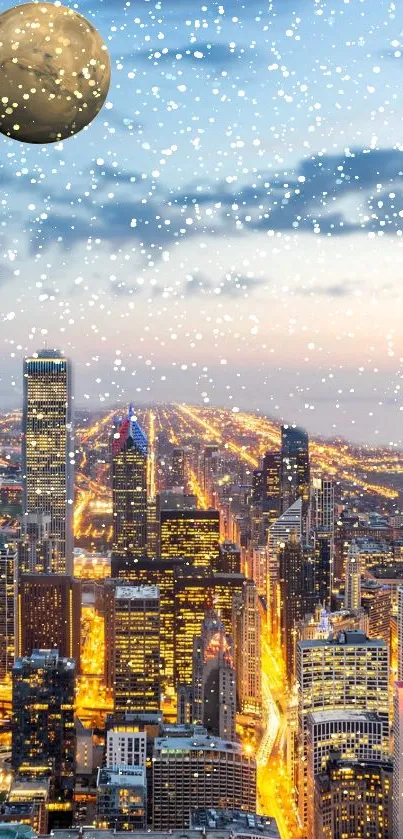 Snowy cityscape at night with city lights and a twilight sky.