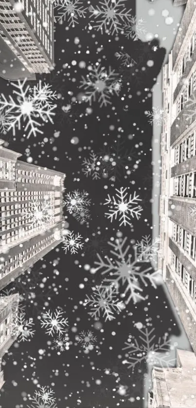 Snowflakes fall over a wintry city skyline.